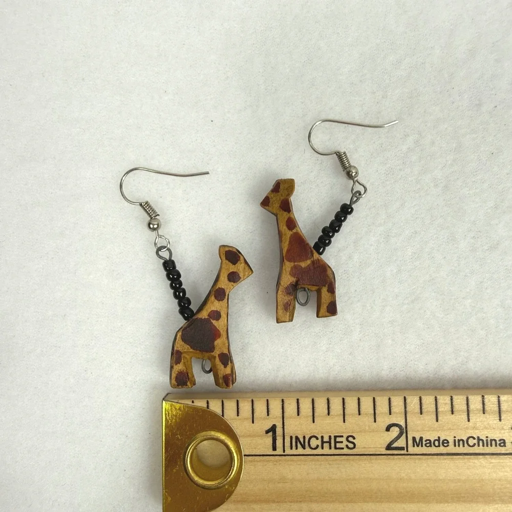 Hand Carved Wooden‎ Giraffe Earrings Beaded Dangle Handmade